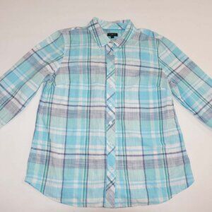 Talbots Women's Button Down Shirt Petite Medium Long Sleeves Blue Green Plaid PM